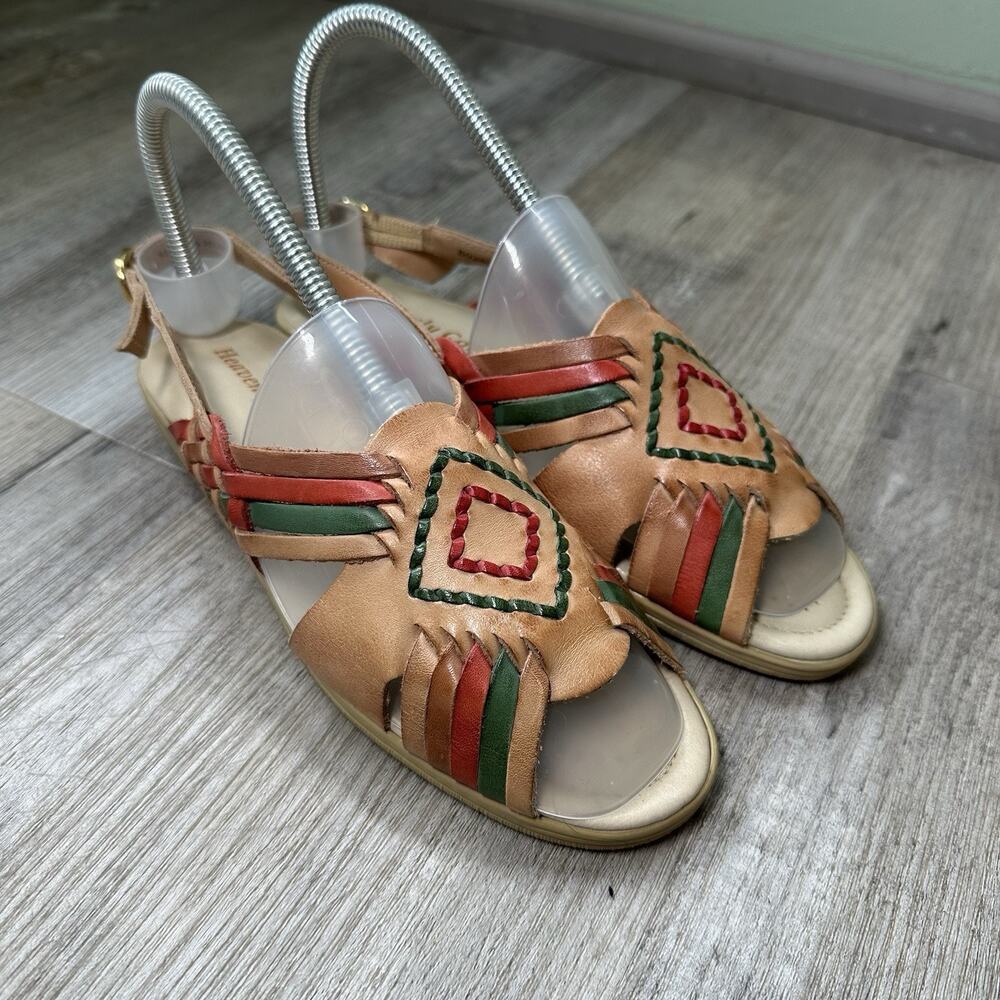 Heavenly Comfort Tan Red Green Leather Huarache Strappy Sandals Women's 6